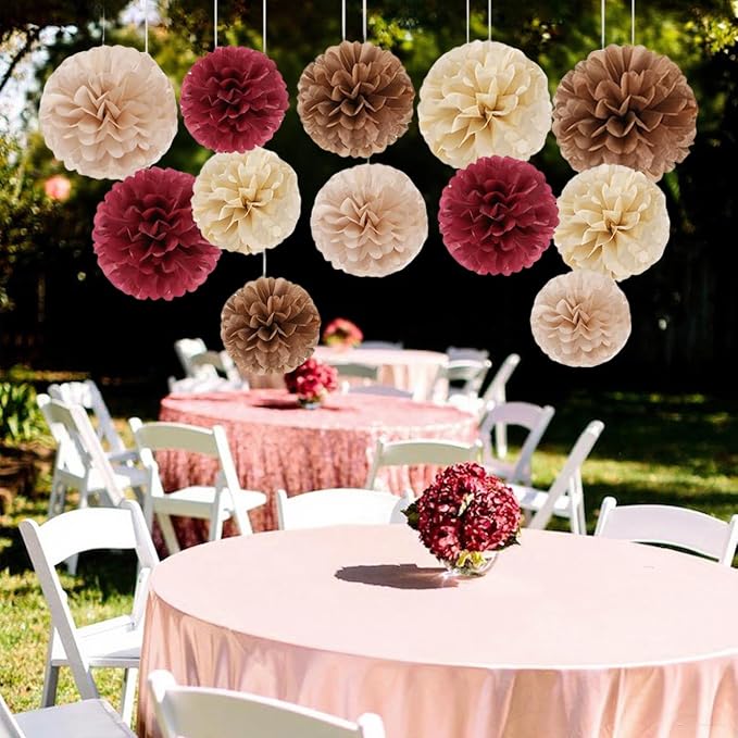 Capesaro Burgundy Beige 12PCS Paper Pom Poms Party Decorations - Image 3