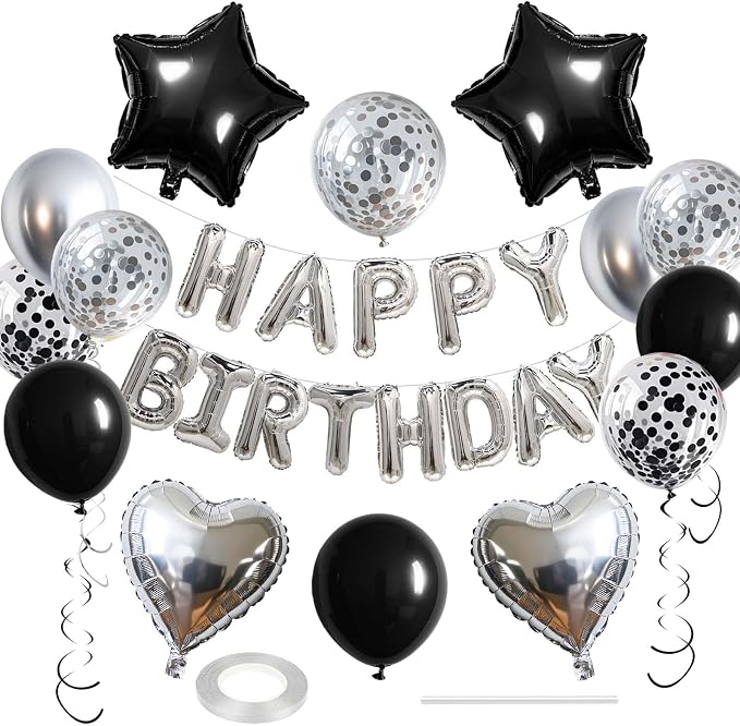 27 Pcs Silver Black Birthday Decorations, 3D Letters Silver Happy Birthday by WEIKA
