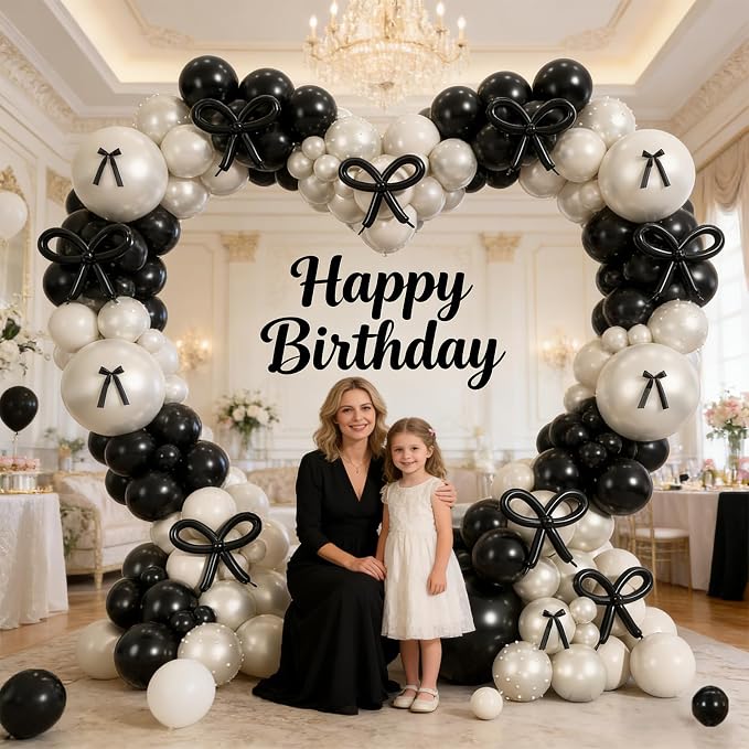 Black White Bow Balloon Arch Kit, Double-stuffed Pearl Beige Cream Balloons - Image 7
