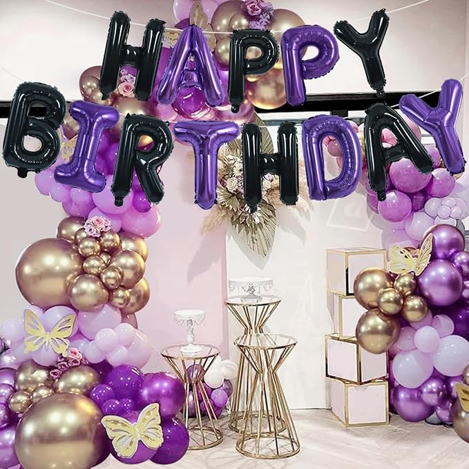 TONIFUL Black and Purple Happy Birthday Balloon Banner Decor - Image 5