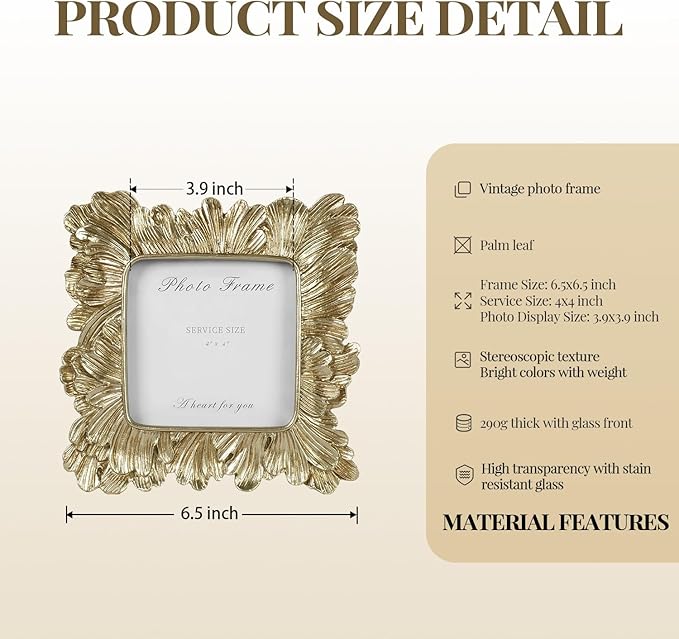 Cuspin Gold Picture Frames 4x4, Vintage Gold Resin Photo Frame Palm Leaves Textured with Glass Front, Elegant Retro Square Frame for Wall and Tabletop Display Home Decor