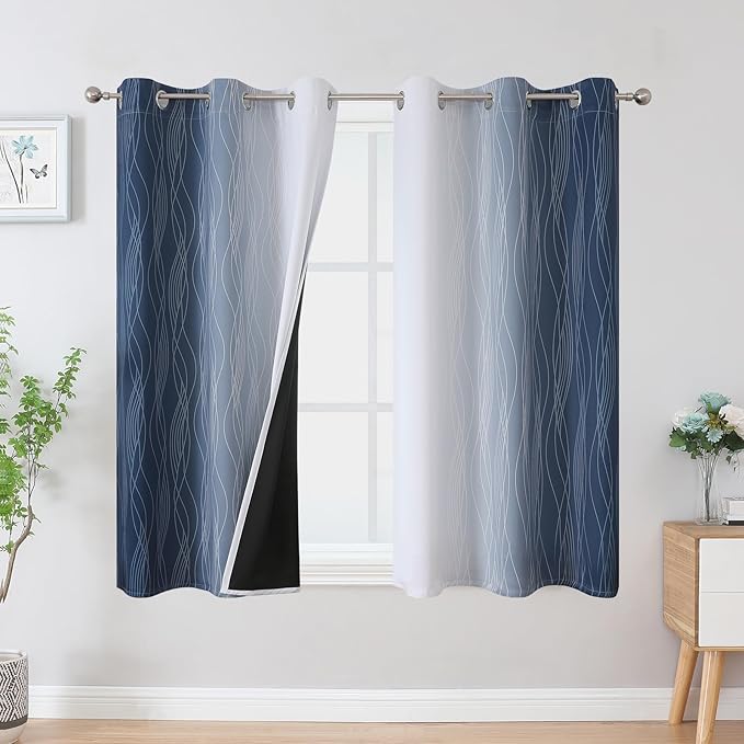 Navy Blue and Greyish White Blackout Curtains 45 Inch Length, Light Blocking by ESTELARTEXTILER