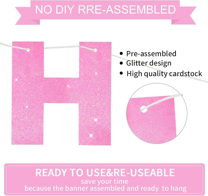 BEISHIDA Pre-Strung Dark Pink Happy Birthday Banner Party Sign Decoration | - Image 3