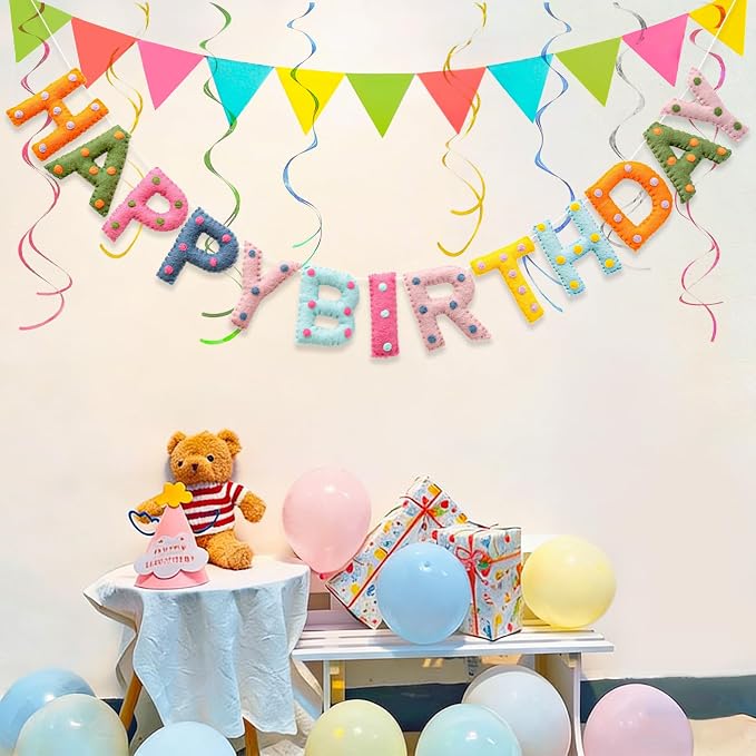 Pre-Strung Unique Handmade Wool Felt Colorful Happy Birthday Banner Garland | - Image 2