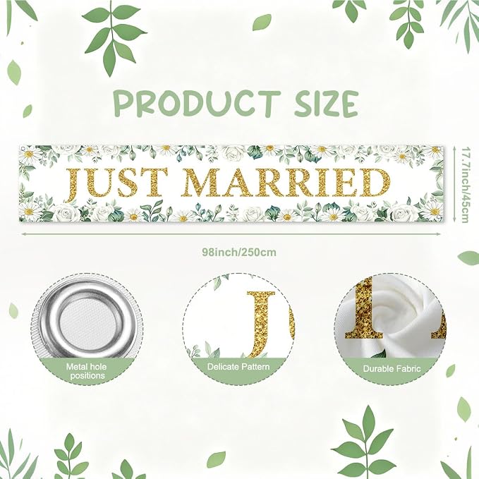 Just Married Wedding Decor Banner Decorations Party Hanging Sign | Reusable - Image 2