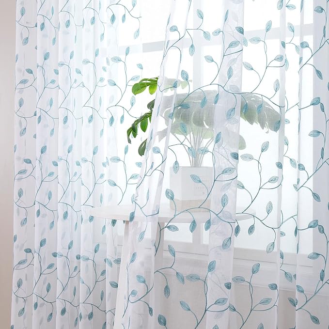 Tollpiz Leaves Short Sheer Tier Curtains Teal Blue Leaf Embroidery Kitchen Half - Image 2