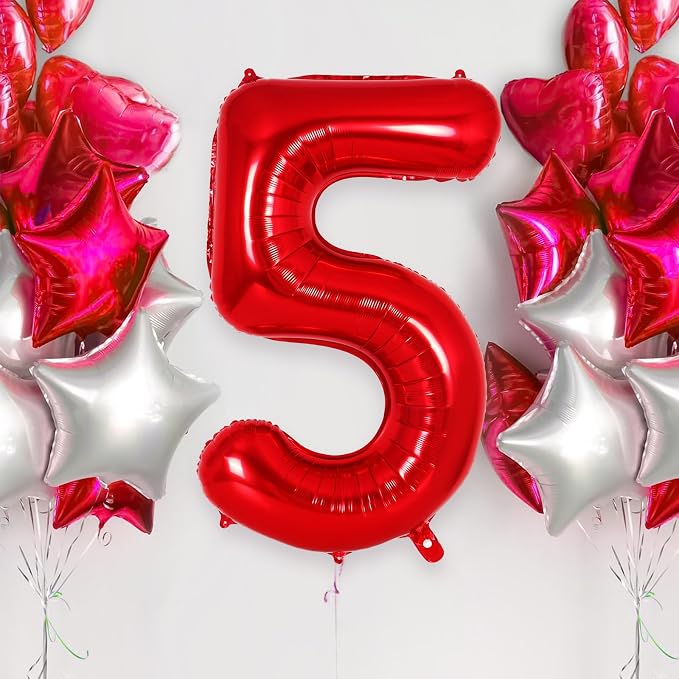 Red Number 5 Balloon 40 Inch, Big Large Foil Helium Number Balloons, Jumbo - Image 2