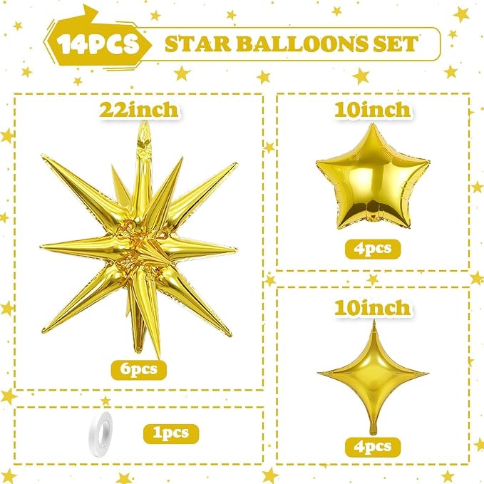 14pcs Gold Star Balloons, Mixed Star Foil Balloon, 22Inch Explosion Stars - Image 2
