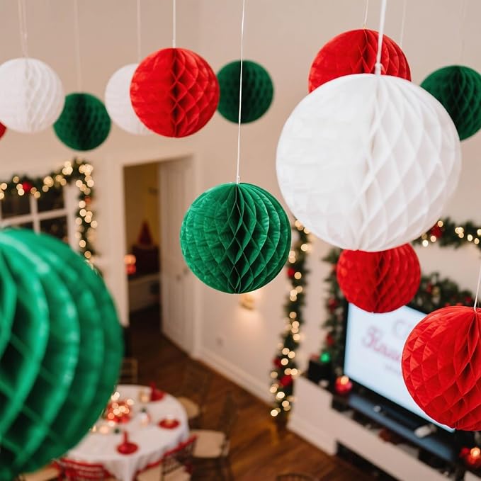 Red White and Green Paper Honeycomb Flower Balls-12 Pcs 6" 10" Tissue Pompoms - Image 5