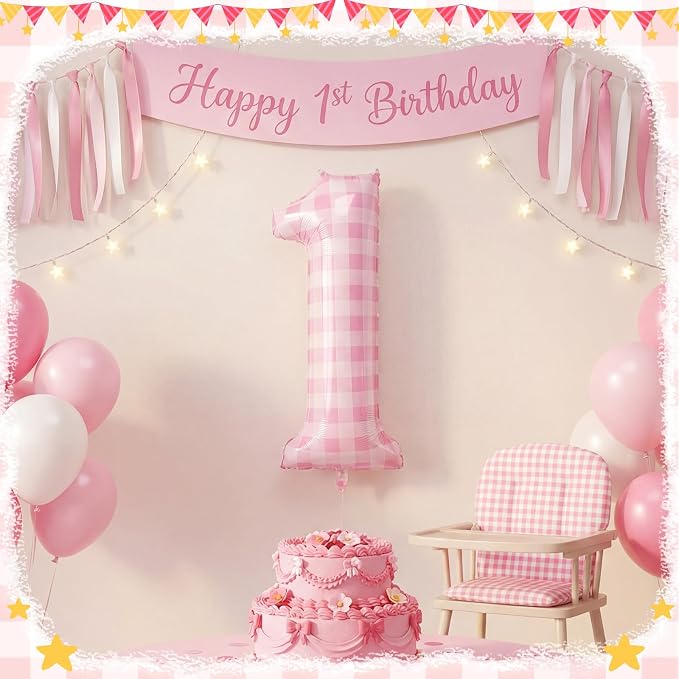 Jenaai 40 Inch Gingham 1st Balloon Large Number 1 Plaid Balloons - Image 4