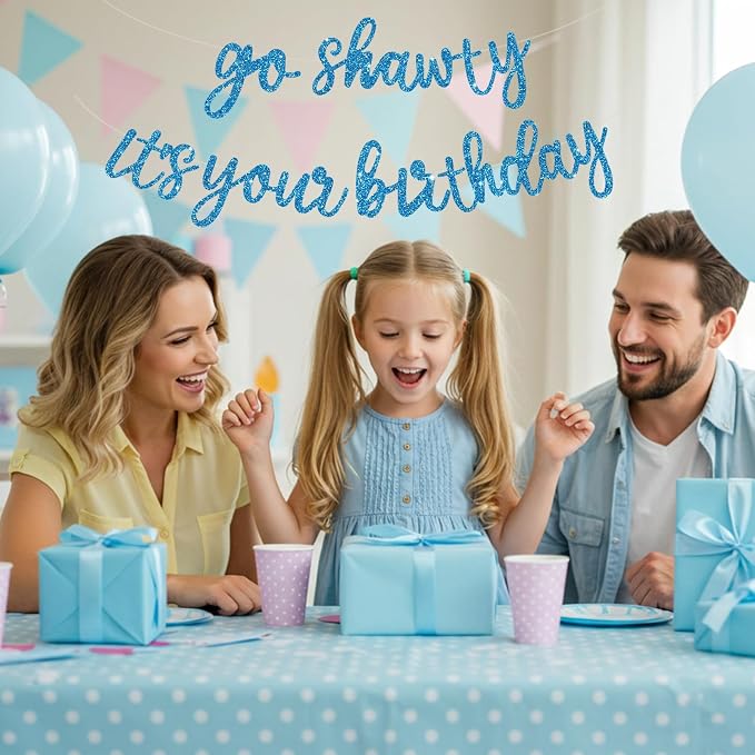 BEISHIDA Sky Blue Pre-Strung Go Shawty It's Your Birthday Banner Decor | Glitter - Image 5