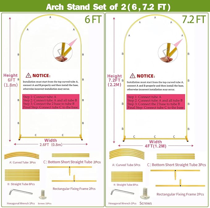 2 Pack Metal Arch Backdrop Stand 7.2FT, 6FT Wedding Balloon Floral Frame | - Image 4
