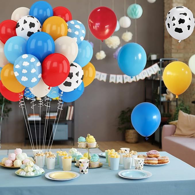 Red Blue Yellow Balloons 12inch Cow Print Sky Blue White Cloud Balloon - Image 6