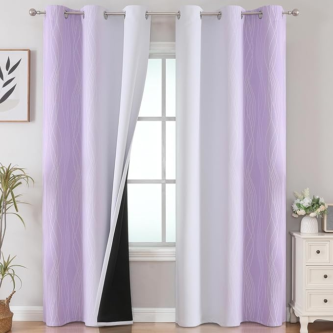 Lilac and Greyish White Room Darkening Blackout Curtains 84 Inches Long by ESTELARTEXTILER