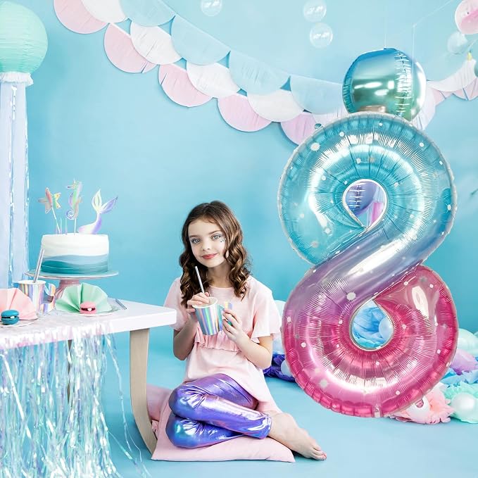 Purple Teal Number 8 Balloons, 40 Inch Giant Mermaid Starry Mylar Foil Number 8 - Image 4