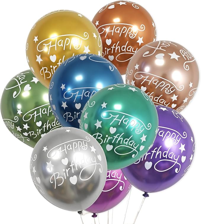 50 Pcs 12 Inch Printed "HAPPY BIRTHDAY" Multicolor Metallic Latex Balloons by VHUWE
