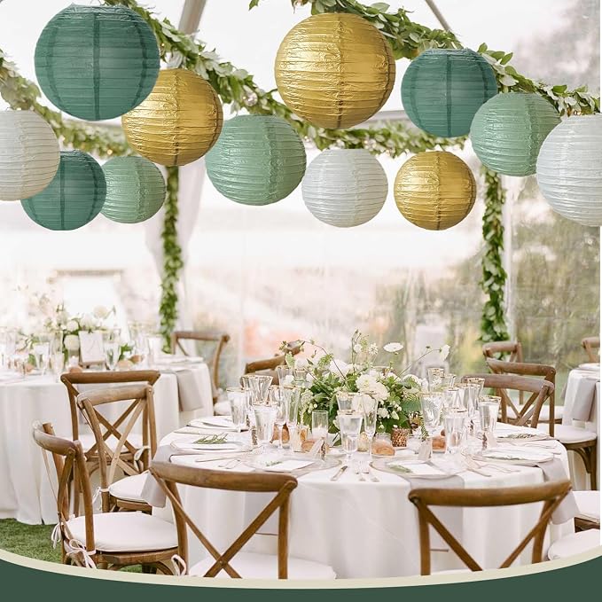 12Pcs Sage Green Gold Paper Lanterns Olive Chinese Hanging Round Paper Lanterns - Image 3