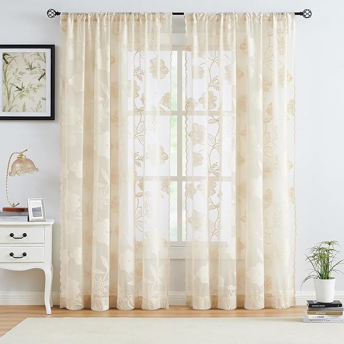 Treatmentex Beige Lace Curtains 63inch Rose Floral and Leaf Sheer Window by Treatmentex