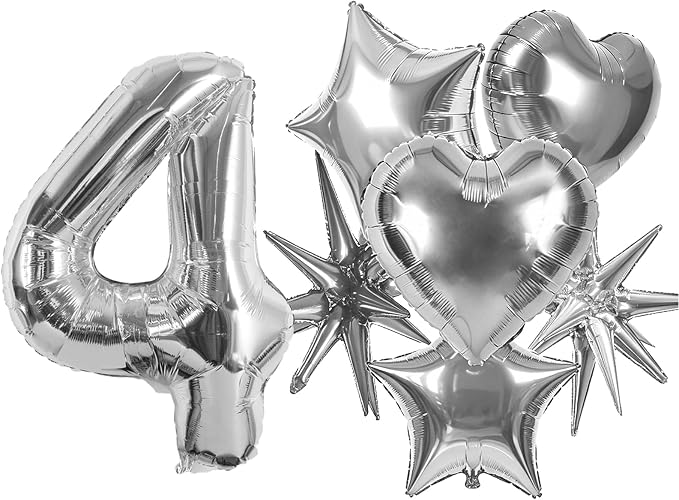TONIFUL 4th Birthday Balloons Kit 40Inch Silver Large Number 4 Foil Balloon | by TONIFUL