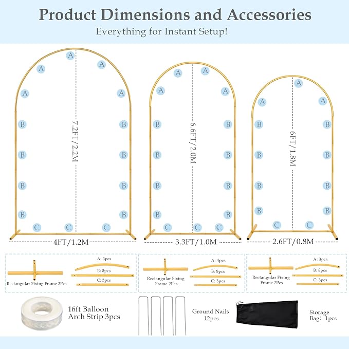 Antizz 7.2FT, 6FT Arch Backdrop Stand Set of 3 | Gold Metal Wedding Balloon - Image 3