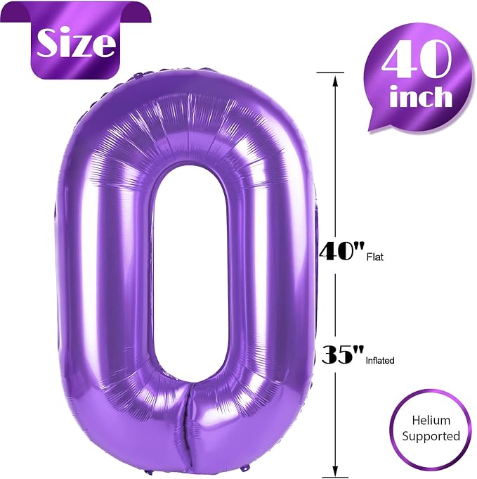 Purple Number 0 Balloon 40 Inch, 0th Birthday Party Decorations Men Women | - Image 3