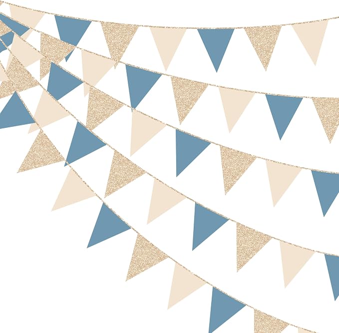 30Ft Champagne Gold Dusty Blue Beige Party Decorations Pennant Banner Flag by pinkblume