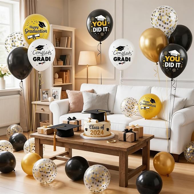 Black Gold Graduation Balloons, 12 Inch Metallic Gold and Black Graduation - Image 5