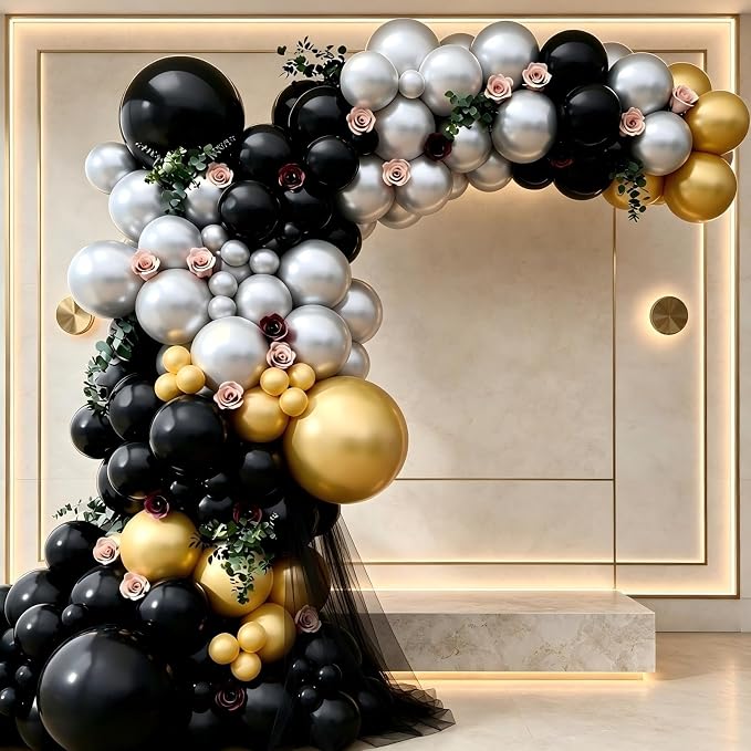 143Pcs Black Gold Silver Balloon Garland Arch Kit | Black Gold Silver Latex - Image 6