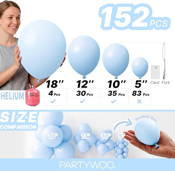 PartyWoo Baby Blue Balloons 152pcs Different Sizes of 18 12 10 5 Inch Light - Image 6