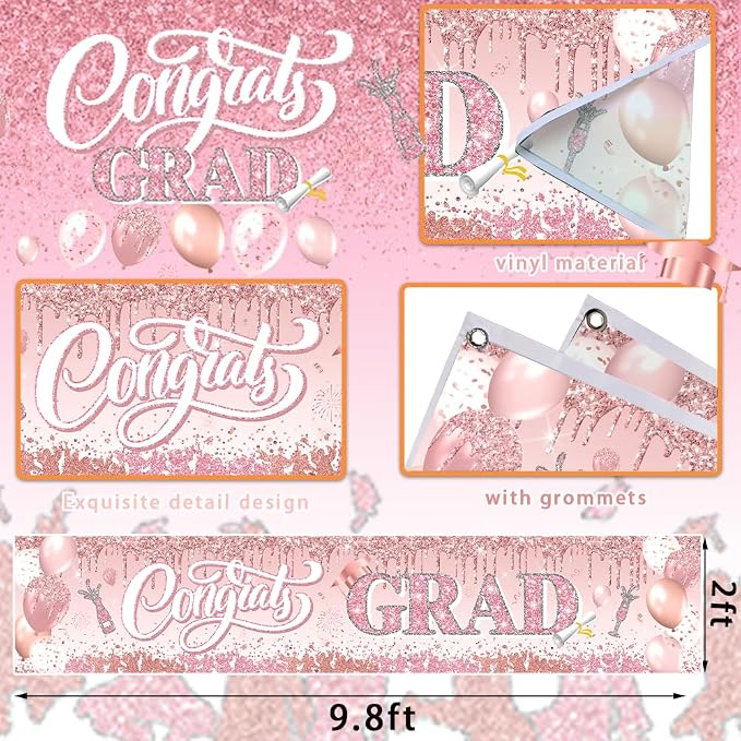 Pink Graduation Party Decorations Class of 2026 Banner Congrats Grad Rose Gold - Image 4