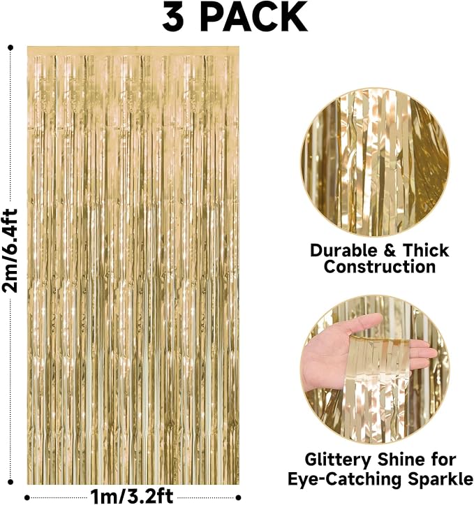 jijAcraft Champagne Gold Tinsel Foil Fringe Curtain, 3 Pack 3.2x6.5 Feet Light - Image 2