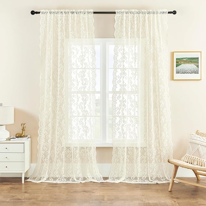 FOLKSIDE Ivory Lace Curtains 45 Inch Length 2 Panels set Paisley Floral Sheer - Image 2