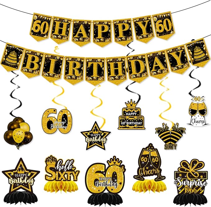 Mxdfafa 39Pcs Black Gold Glitter 60th Birthday Decorations Kit, 60th Bday Party - Image 4