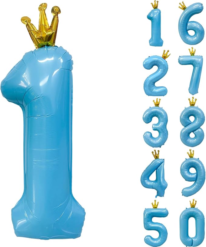 Blue Number 1 Balloon with Crown, 40 inch Blue Number Balloon 1st Birthday by Yeodong