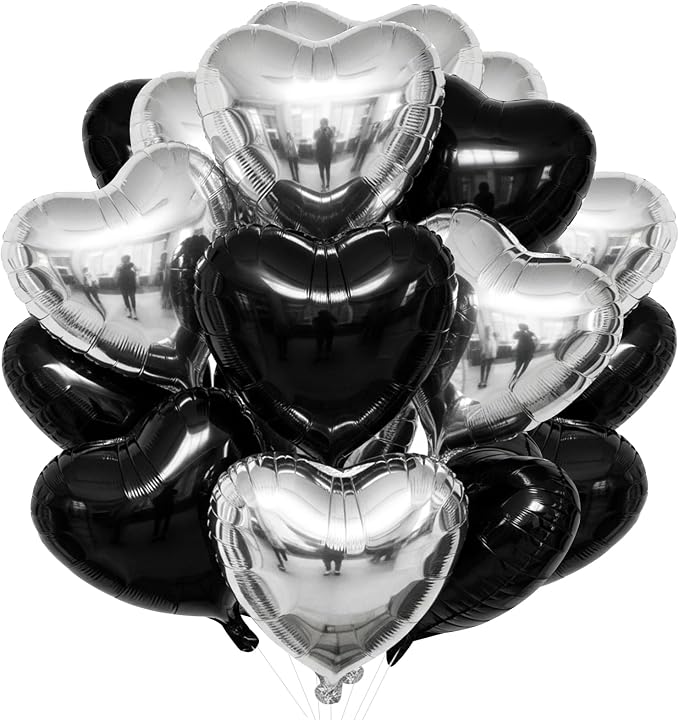 TONIFUL 30 Pcs Black Silver Heart Balloons 18 Inch Heart Shape Foil Balloon | by TONIFUL