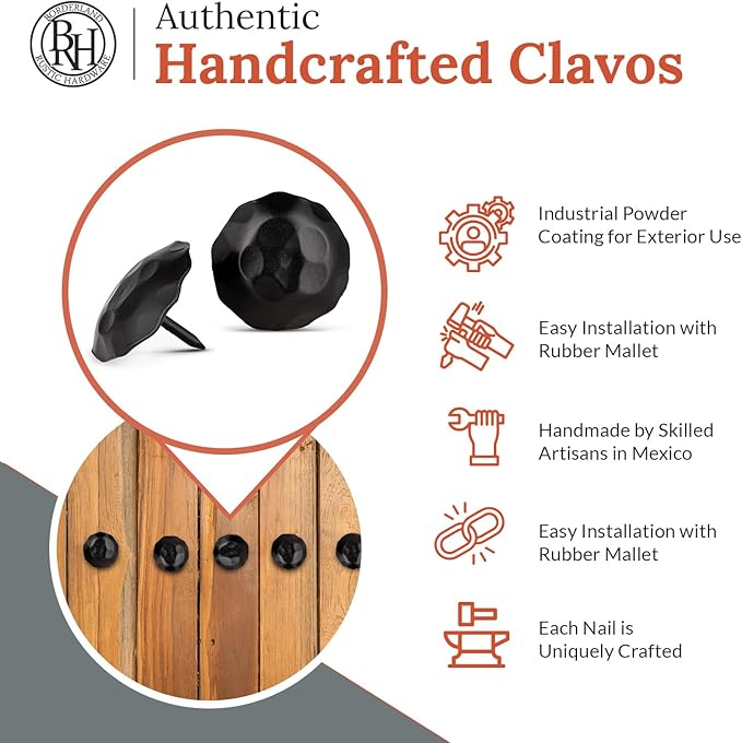 10 Pack 1.5" Round Head Iron Clavos Decorative Nails – Black – Handmade Rustic Round Fasteners for Farmhouse Shutters, Faux Wood Beams, Barn Doors, Shutters, Gates – Ornamental Wood Accent