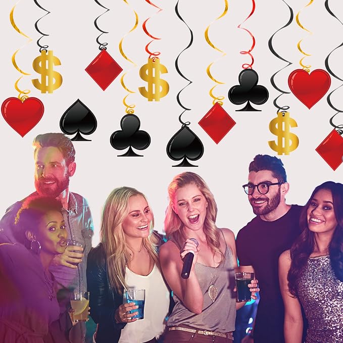 60 Pack Casino Theme Party Decorations Las Vegas Hanging Swirl Red Black Poker - Image 7