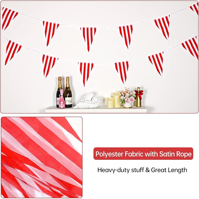 RUBFAC 170ft 120pcs Red White Striped Pennant Banner | Carnival circus string - Image 3