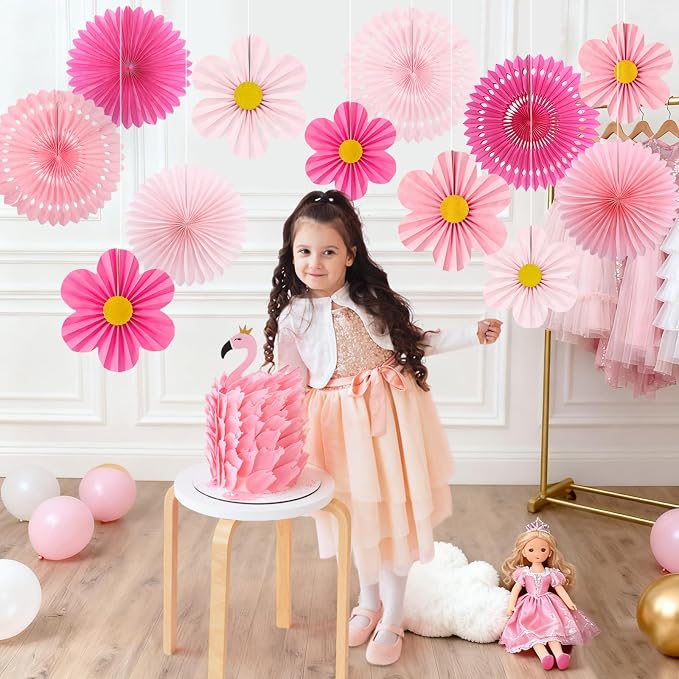 ADLKGG Pink Paper Fans Wall Decor, Flower Backdrop Party Decorations | 12 Pcs - Image 5