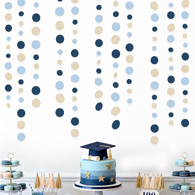 Navy Blue Champagne Gold Polka Dots Garland Hanging Paper Circle Dot Streamer - Image 6