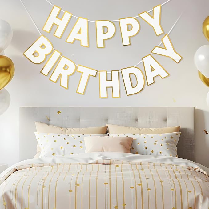 Pre-Strung Happy Birthday Banner White Party Decorations | adjustable cord - Image 8