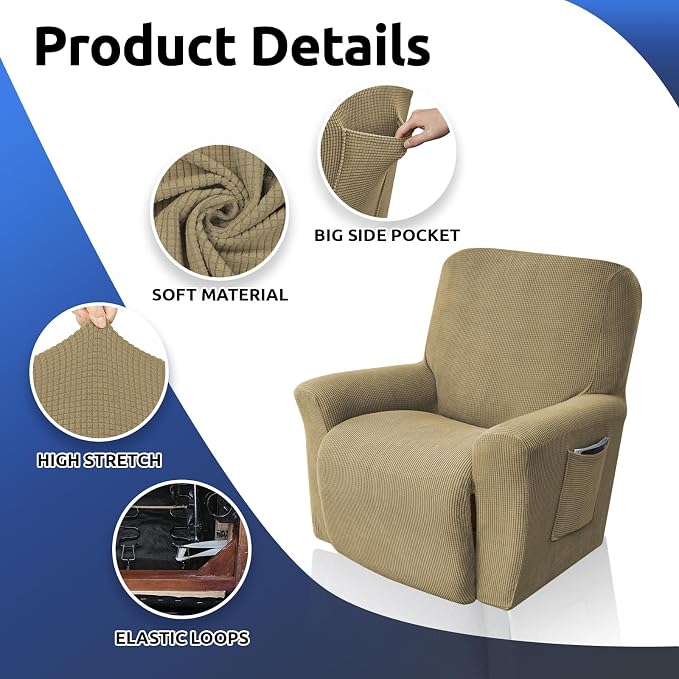 Recliner Chair Covers, 1-Piece Lazy Boy Recliner Covers, Tan | Washable Stretch - Image 7