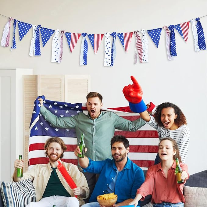 4th of July Patriotic Fabric Tassel Banner Garland – 10 FT Red White Blue - Image 5