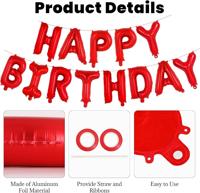 65 Pcs Red Happy Birthday Balloons, 2 Sets A-Z Red Letters Foil Balloons - Image 5