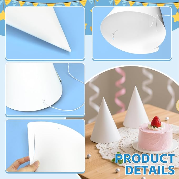 WEOXPR White Paper Party Hats for Birthday, Decorative Bulk Cone Hat for Adults - Image 7