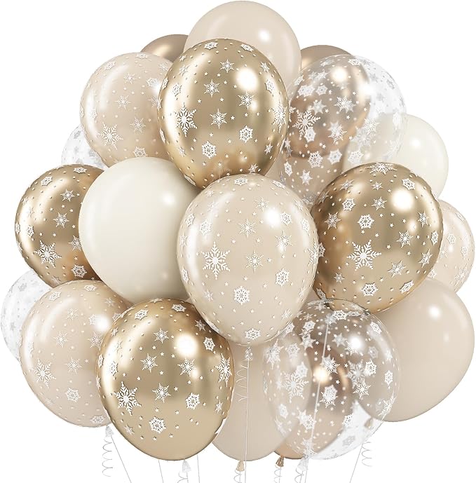 Jobkoo Snowflake Balloons Winter Wonderland Beige Gold Cream White Sand by Jobkoo