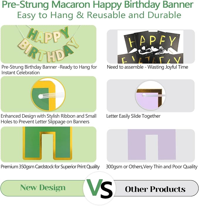 Pre-Strung Happy Birthday Banner Sage Green Party Decorations | adjustable cord - Image 4