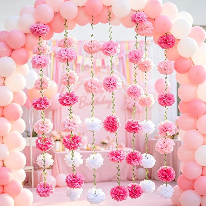 Gradient Pink Tissue Paper Pom Pom Garlands, Paper Flowers - Image 5