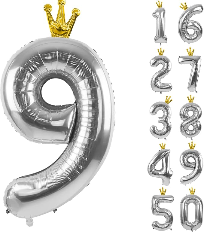 Silver Number 9 Balloon with Crown, 40 inch Silver Number Balloon 9th Birthday by Yeodong