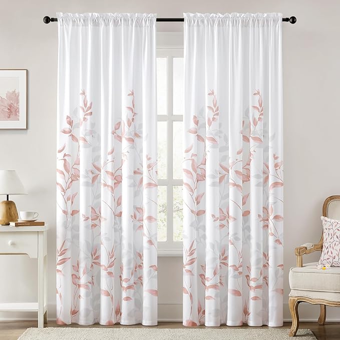 HOMEIDEAS Non-See-Through Pink and White Privacy Sheer Curtains 52 X 96 Inches by HOMEIDEAS